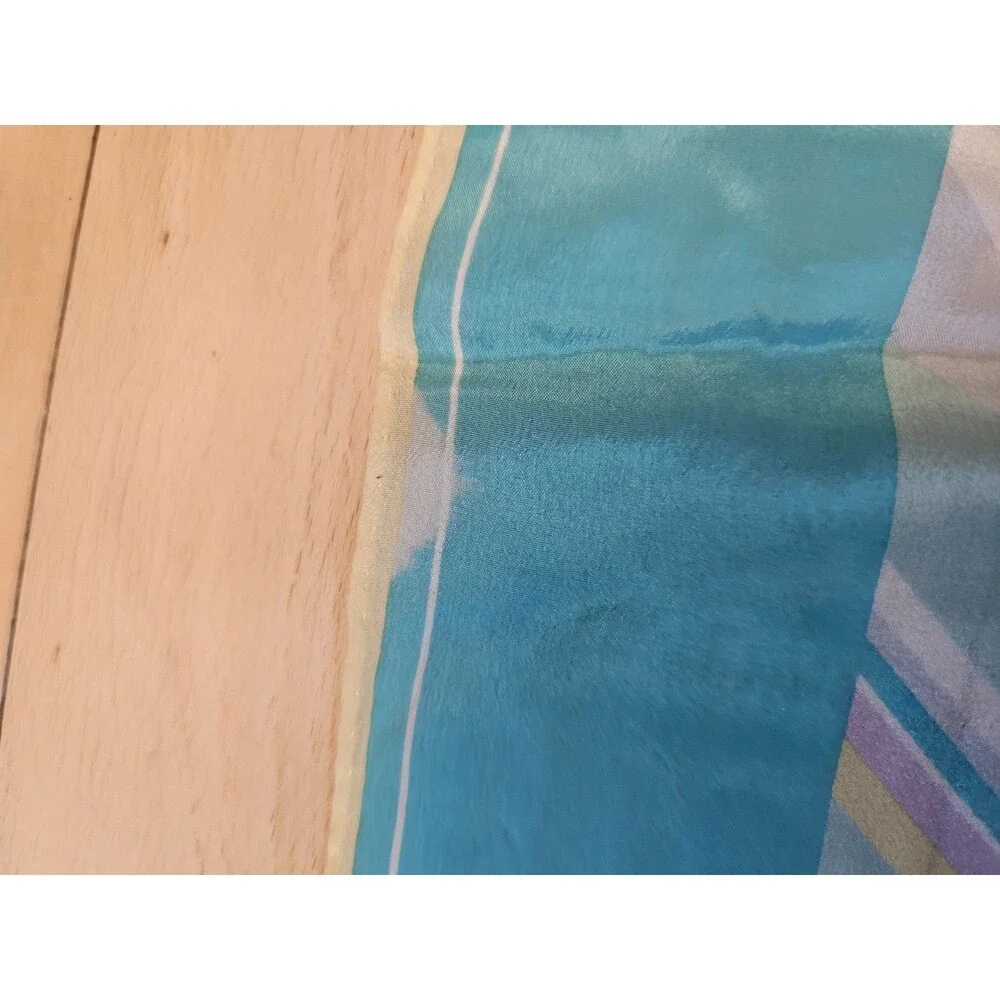 Vintage Evan Picone Silk Scarf Square Pastel Teal Pink Yellow Stripe Neck Wrap